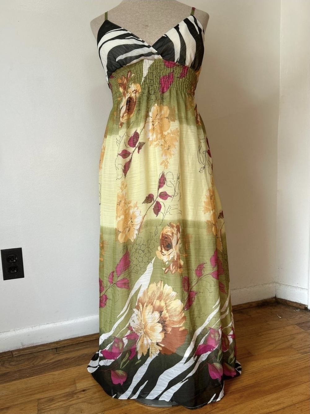 Floral & Zebra Print Spaghetti Strap Maxi Dress - Green
